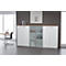 White cabinet with glass and wood doors. A table with chairs in the background. A picture hangs on the wall.