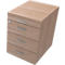 Light brown wooden desk with three drawers and silver handles. There is a table top on top.