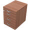 Wooden file cabinet with three drawers and silver handles.