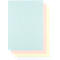 Several colored sheets of paper: light blue, pink, yellow, white. The sheets slightly overlap.