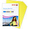 A stack of yellow paper sheets lies next to a white sheet that says "Xerox Premium Never Tear". A woman holds a yellow sign that says "For sale".