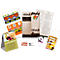 Assorted promotional materials: menu, door hanger, table tent, and labels, various designs.