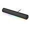 Schwarze, zylinderförmige Soundbar mit bunter RGB-Beleuchtung an der Unterseite und seitlichem Drehregler.