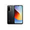 Schwarzes Smartphone, Vorder- und Rückseite gezeigt. Auf der Rückseite ist eine Dual-Kamera und das Redmi-Logo zu sehen.