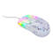 Weiße Gaming-Maus mit RGB-Beleuchtung und Lochdesign. Kabelanschluss. Die Oberfläche glänzt in Regenbogenfarben.