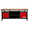 Werkbank mit Holzplatte, schwarzem Gestell und roten Schubladen/Schrank. KS TOOLS Logo.