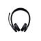 Schwarzes On-Ear-Headset mit klappbarem Mikrofonarm auf weißem Hintergrund.