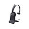 Schwarzes Yealink Headset auf einer Ladestation vor weißem Hintergrund.