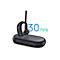 Schwarzes Bluetooth-Headset mit Ladeschale, daneben die Aufschrift "30 hrs".