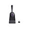 Drahtloses Headset und Ladestation auf weißem Hintergrund. Schwarzes Headset mit lila Knopf in der Mitte. USB-C-Adapter daneben.