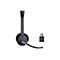 Drahtloses Headset und USB-Dongle. Das Headset ist dunkelgrau, hat einen Bügel und ein Mikrofon. Der Dongle trägt den Namen "Yealink".