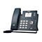 Dunkelgraues Yealink IP-Telefon mit Display, Hörerschnur und Tastenfeld auf weißem Hintergrund.
