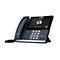 Dunkelgraues Yealink-Tischtelefon mit großem Bildschirm, darauf ein Videoanruf. Tastatur und Hörer sind sichtbar.