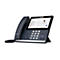 Dunkelgraues Yealink-Telefon mit Touchscreen. Auf dem Display werden Anruflisten und Kontaktinformationen angezeigt. Das Telefon steht auf einem weißen Hintergrund.
