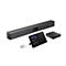 Videokonferenzsystem mit einer schwarzen Soundbar, einem Tablet und einer kleinen Steuerung, sowie einer schwarzen Box. Auf dem Tablet werden Meetings angezeigt.