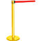 Golden barrier pole with red webbing. Pole on round base, band in horizontal direction.