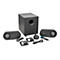 Schwarzes 2.1-Lautsprechersystem, bestehend aus Subwoofer, zwei Satelliten, Bedienelementen und ZubehÃ¶r auf weiÃŸem Hintergrund.