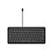 Drahtlose Tastatur in Grau, mit beschrifteten Tasten und Logo.