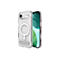Une coque d'iPhone transparente avec MagSafe et support, sur fond blanc.