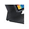 Accessoire de tablette noir-gris avec clavier. La tablette est placée dans un cadre, son écran affichant des graphiques colorés.