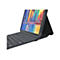 Graues Tablet mit angeschlossener Tastatur. Der Bildschirm zeigt eine farbenfrohe Stadtlandschaft.