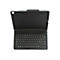 Dunkelgraue Tablet-Tastatur in geöffneter Position. Die Tasten sind beschriftet. Oberhalb der Tastatur ist der Tablet-Rahmen zu sehen.