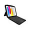 Schwarzes Tablet mit Tastatur, aufgestellt. Bildschirm zeigt farbigen Hintergrund. Gut erkennbare Tastatur mit Touchpad.
