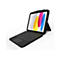 Un iPad noir avec un clavier attaché. L'écran affiche un fond avec des taches de couleur jaune, rose et bleu.