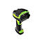 Scanner portable noir et vert, en biais de face sur fond blanc.