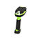 Scanner de codes-barres portable, noir et vert, avec poignée ergonomique et logo de l'entreprise.