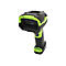 Scanner portable avec boîtier noir et accents vert néon. Le scanner pointe vers une surface blanche.