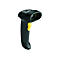 Scanner de codes-barres noir avec bouton jaune, sur fond blanc.