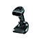 Scanner de codes-barres noir sur une station de charge avec le logo Zebra.
