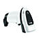 Scanner de codes-barres Zebra blanc et noir, sur fond blanc.