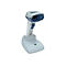 Ein Barcode-Scanner in weiß und blau, auf einer Ladestation platziert.
