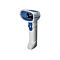 Ein weiÃŸ-blauer Barcode-Scanner; HandgerÃ¤t mit Griff, AuslÃ¶ser und Scan-Kopf. Auf weiÃŸem Hintergrund.