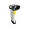 Ein grauer und weißer Barcode-Scanner mit gelbem Knopf, freigestellt vor weißem Hintergrund.
