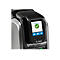 Schwarzer Kartendrucker mit Display, ZC300 ready und Haken-Symbol. Zebra Logo.