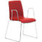 A red chair with a metal frame and armrests, against a white background.