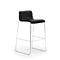 Black bar stool with seat and backrest, silver metal frame, on a white background.