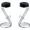 Two bar stools with black, round seats and chrome metal frame, against a white background.
