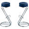Two bar stools with blue seats and chrome frames are next to each other.