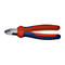 Zijkniptang, rood-blauw, met zilveren snijvlakken. Opschrift: KNIPEX. Made in Germany.