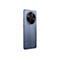 Blaues Smartphone im Profil. Runde Kameraeinheit, roter Power-Button, ZTE-Logo.