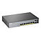 Commutateur réseau gris Zyxel GS1350-12HP avec plusieurs ports, étiquettes et indicateurs.