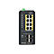 Ein schwarzer ZyXEL RGS200-12P Switch mit Anschlüssen, Beschriftungen und LED-Anzeigen.