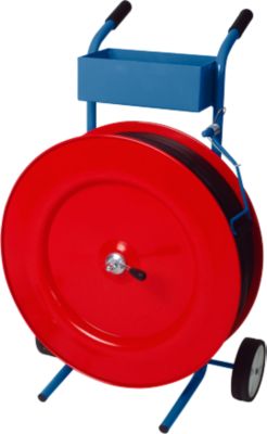 Abrollwagen, für Kunststoffband-Umreifungssystem, für PP-Bänder mit B 13/16 mm & Kern-Ø 406 mm, Ablagekasten, Bügelbremse, Stahlblech, rot-blau