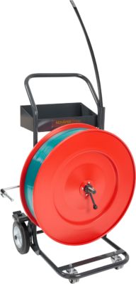 Abrollwagen Premium X, für Umreifungsbänder mit Kern-Ø 406 mm, 4 Räder, mit Radbremse & Einfädelungsstab, Stahl, rot-schwarz
