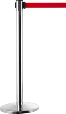Absperrpfosten, chromsilber, Gurtband rot, ausziehbar bis 2 m, selbstaufrollend, mit Bremse, Ø 360 x H 1040 mm, Metall verchromt