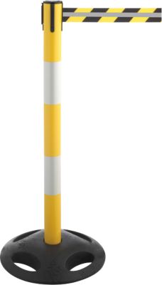 Absperrpfosten RS-Guidesystems® GLA 25, gelb-weiss, Gurtband gelb-schwarz/reflektierend, ausziehbar bis 3,5 m, Ø 410 x H 1000 mm, Gummi & Kunststoff, 1 Stück